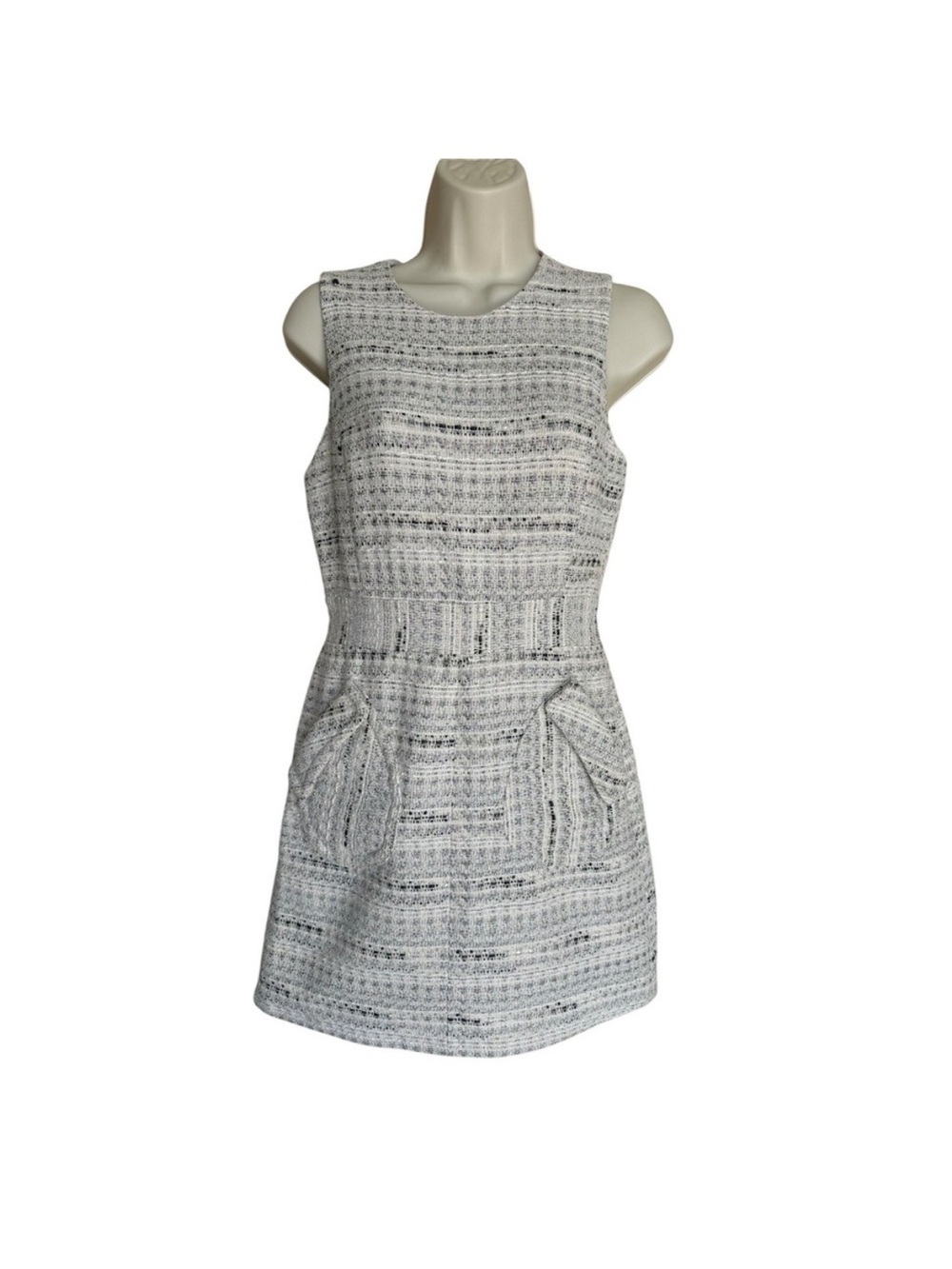 Sleeveless Textured Pocket Dress - White/Grey